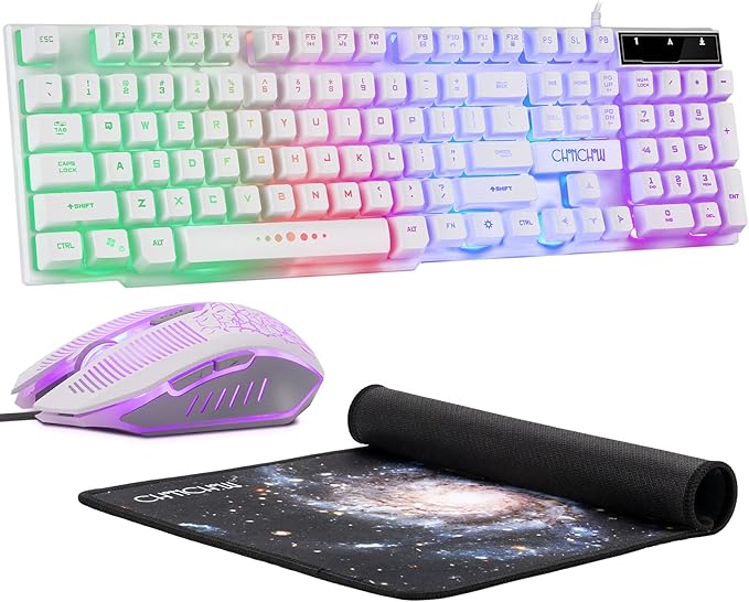 CHONCHOW Gaming Keyboard and Mouse Combo Wired LED RGB Backlit Black Gaming Keyboard and RGB Backlit Mouse Small Light up Keyboard for PC Xbox PS4 (White)