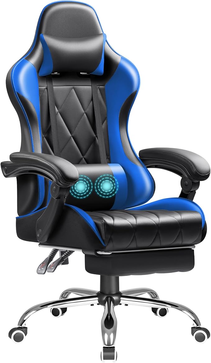 Shahoo Gaming Chair with Footrest and Massage Lumbar Support Computer Game Chairs Ergonomic Office Seat Height Adjustable with Headrest Blue