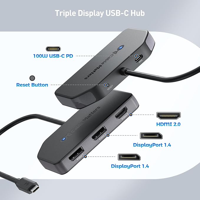Cable Matters 4K@60Hz Triple Display USB C MST Hub (2X DisplayPort 1.4 1x HDMI 2.0) with 100W Charging for Windows - Not Compatible with macOS