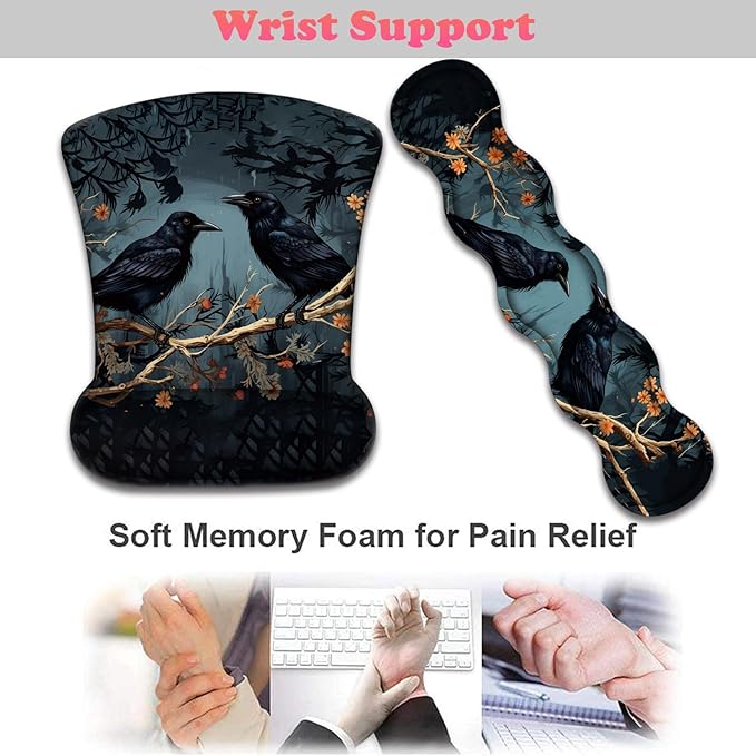 3 in 1 Keyboard Wrist Rest + Mouse Pad and Coaster Ergonomic Gel Mouse Pad and Keyboard Pad Set Comfortable Lightweight for Easy Typing Pain Relie Branch Crow