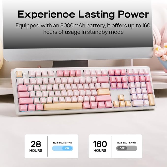 EPOMAKER TH108 Full Size Mechanical Keyboard Wireless Gaming Keyboard with 8000mAh Battery Creamy Gasket 108 Keys Hot Swap Custom Driver RGB Backlight (Pink Creamy Jade)