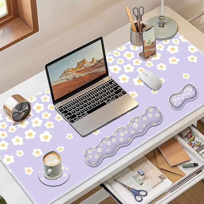 Desk Mat Gaming Mouse Pad Cute Desk Matt Keyboard Wrist Rest for Desktop Anti-Slip Mousepad w/Stitched Edges XXL Large Mouse Pad with Wrist Support for Desk Computer I Lavender Happy Flowers