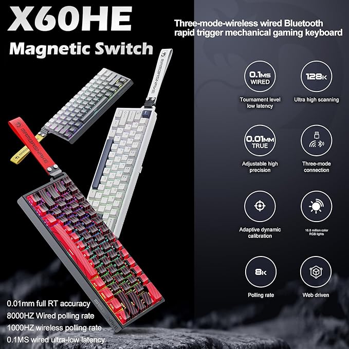 ATTACK SHARK MAMBASNAKE X60HE Rapid Trigger Magnetic Switch 60% RGB Wireless Mechanical Gaming keyboard2.4Ghz/BT/Wired8KHZ Polling Rate0.01mm Adjustable ActuationWeb Driver for PC(White+8 Keycaps)