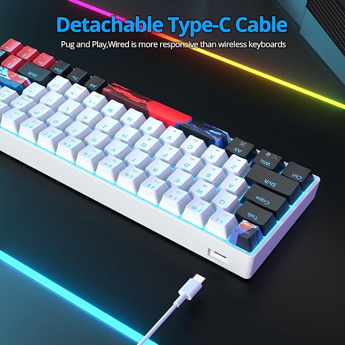 Protable 60% Percent Gaming Keyboard Mechanical Mini Compact Ice-Blue LED Backlit 68 Keys Wired Office Keyboard with Red Switch for Mac/Win/PS4/PS5（68White/red Switch）