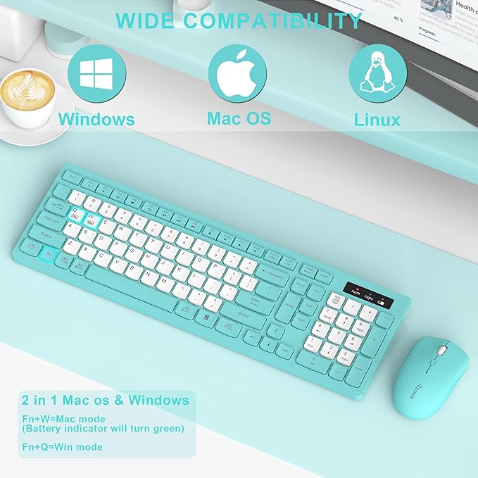 Wireless Keyboard and Mouse Combo Full-Sized Quiet Wireless Keyboard and Adjustable DPI Mouse 2.4GHz USB Receiver Keyboard and Mouse for PC Windows Desktop Laptop (Tiffany Blue and White-B)