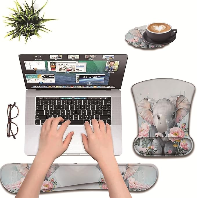 3 in 1 Keyboard Wrist Rest + Mouse Pad and Coaster Ergonomic Gel Mouse Pad and Keyboard Pad Set Comfortable Lightweight for Easy Typing Pain Relie Little Elephant Flower