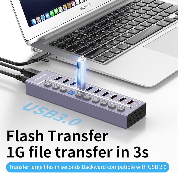 Powered USB 3.0 Hub 10-Port USB Hub Splitter with Individual Switches and Indicators 7 USB 3.0 Data Transfer Ports 3 2.4A Smart Charging Ports + 12V3A UL Listed Power Adapter