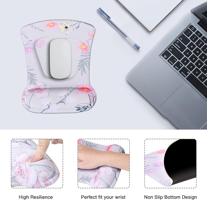 MEGREZ 4-in-1 Ergonomic Memory Foam Wrist Rest Set Desk Pad Mouse Pad with Wrist Rest Keyboard Pad Suitable for Office Workers Programmers &amp Gamers–Relieve Typing &amp Gaming Fatigue Pink F