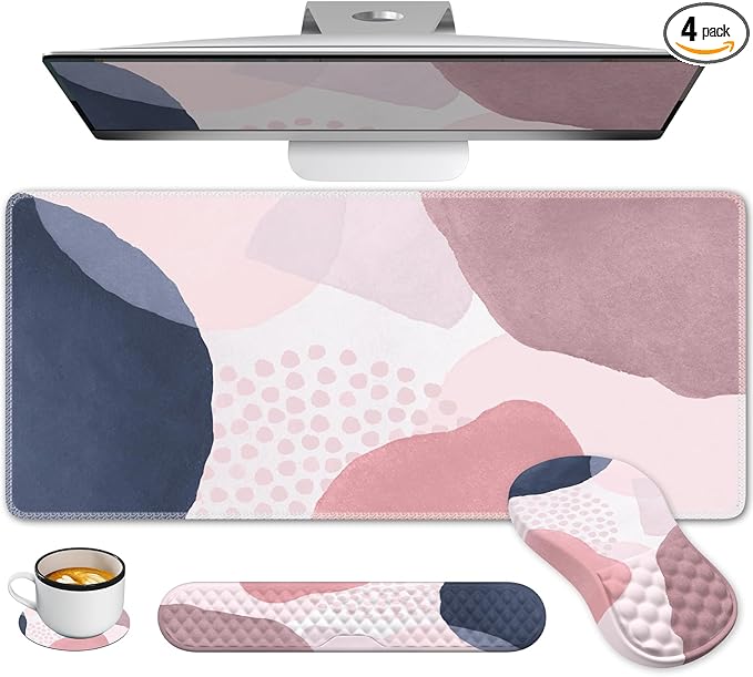 Desk Mat for Keyboard and Mouse Ergonomic Mouse Pad Set Pink Boho Navy
