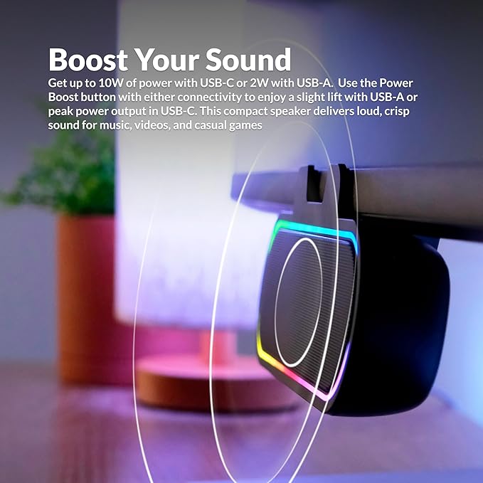 Cyber Acoustics USB Speaker Bar with LED Lights (CA-2890GX) – USB Powered Speaker Bar for PC and Mac Dynamic LED Lights Sync to Music Clamps to Monitors up to 1.5 Inches Great for Music and Gaming
