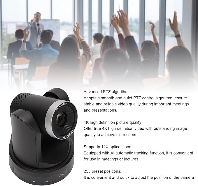 Diyeeni 12X Optical Zoom PTZ Camera HDMI IP USB 3.0 4K 30fps for Video Conference Business Meeting Live Streaming Online Learn AI Auto Tracking Support up to 128G (US Plug)