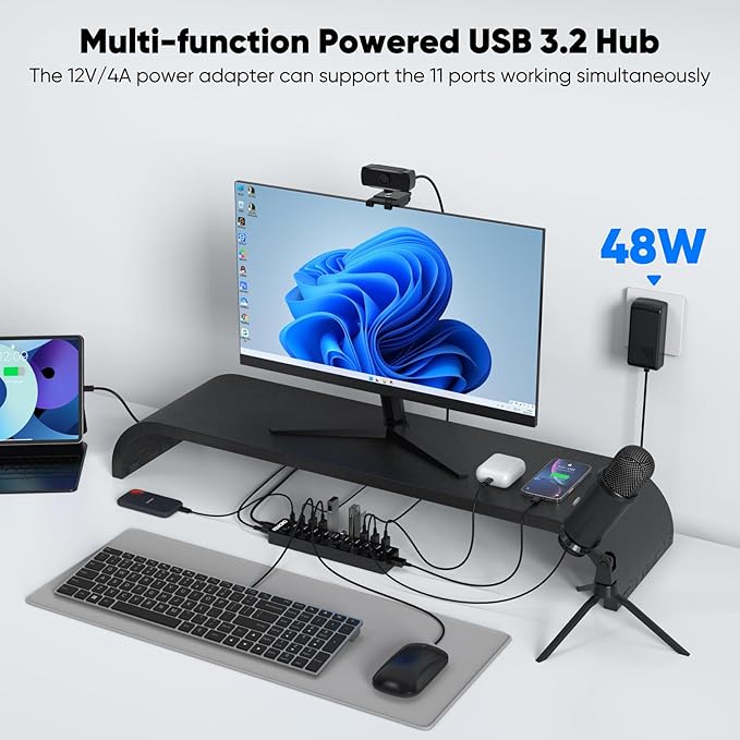 Powered USB C Hub 3.2 11-Port 48W USB-C 3.2 (10Gbps)*2 + USB-A 3.2 (10Gbps)*1 + USB-A 3.0 (5Gbps)*4 + Power-only Port*4 with 12V/4A Power Adapter High Speed for Laptop PC Phone SSD HDD Flash Drive