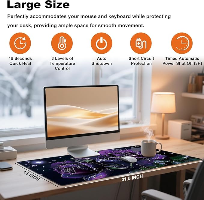 Heated Desk Pad 31.5 x 13 3 Large Heated Mouse Pad with Heat Levels (40°C/45°C/50°C) &amp 3H Auto Shut-Off Desk Mat Fast Heating PU Leather Warmer Mousepad for Home Office - Purple Rose Flowers