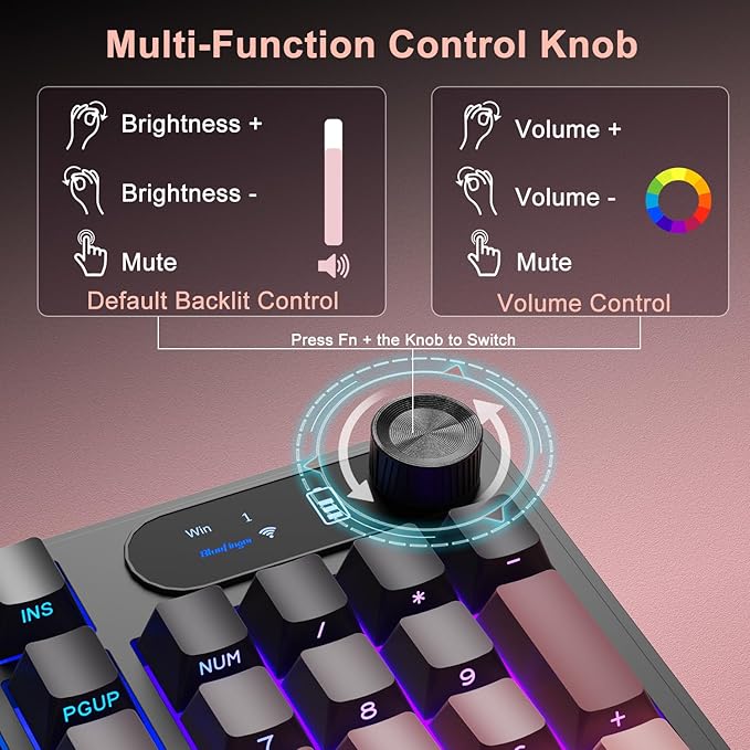 BlueFinger Wireless Gaming Keyboard RGB Backlit Tri-Mode Bluetooth/2.4G/USB-C 98 Keys Quiet Keyboard with Number Pad Volume Knob &amp Screen Side Printed PBT Keycaps for PC/Mac/Laptop