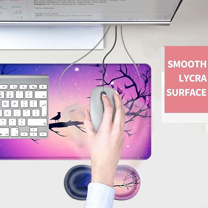 Mouse PadLarge Desk Mat Set 4in1 XL Mousepad + Keyboard Wrist Rest+Mouse Wrist Rest+Coaster with Ergonomic Desk Pad for Home Office Table Computer Cover -Cat and Birds on Branch