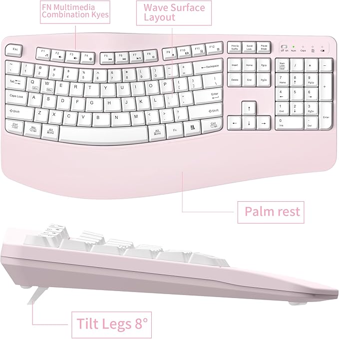 Ergonomic Wireless Keyboard and Mouse Combo Wave Keys Keyboard with Wrist Rest for Natural Typing 3 DPI Adjustable Ergonomic Silent Mouse for Computer/Laptop/Windows/Mac (Pink)