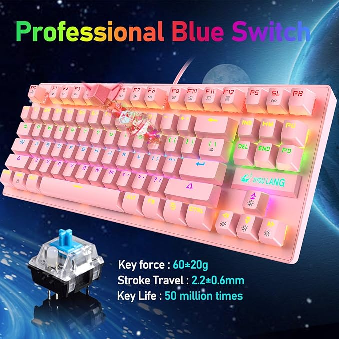 LexonElec K2 Mechanical Gaming KeyboardBlue Switch Mini 82 Keys Wired Rainbow LED Backlit KeyboardLightweight Gaming Mouse 6400DPI Honeycomb Optical for MAC PC Gamers(Pink)