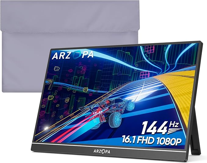 ARZOPA Portable Monitor &amp Sleeve16.1'' 144Hz 1080P FHD Laptop Monitor &amp PU Sleeve Bag Combination