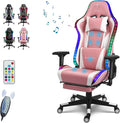Gaming Chair for Adults 7-Point Massage Ergonomic Office Chair with Footrest and Lumbar Support 180° Reclining Adjustable Video Gaming Chair with LED Lights and SpeakersPink