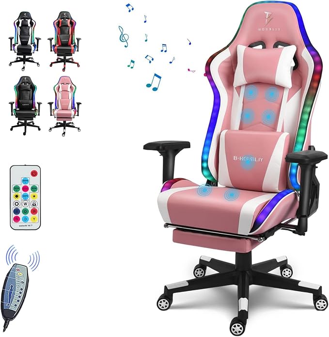Gaming Chair for Adults 7-Point Massage Ergonomic Office Chair with Footrest and Lumbar Support 180° Reclining Adjustable Video Gaming Chair with LED Lights and SpeakersPink