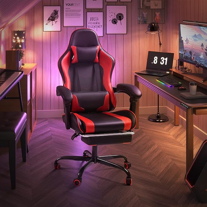 Shahoo Gaming Chair Video Gaming Chair with Footrest and Lumbar Support Ergonomic Computer Chairs with 360° Swivel and Height Adjustable Spin Chair with Headrest for Home Office Study Room (Red)