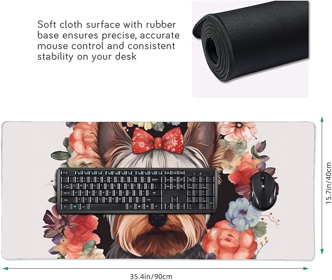 Gaming Mouse Pad Extended Full Keyboard Mat with Stitched Edges Anime Large Desk Pad with Non-Slip Base Yorkie Floral Mouse Mat for Gaming and Office 16 x 35.5 inches Mousepad