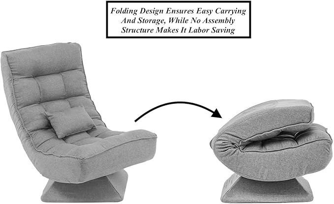 Grey 360° Swivel Floor Chair Video Game Gaming Floor Chair Lounge Chair Lazy Chair with Massage Lumbar Pillow 5 Level Adjustable Backrest Foldable Design Heavy-Duty Steel Frame Soft Padded Seat