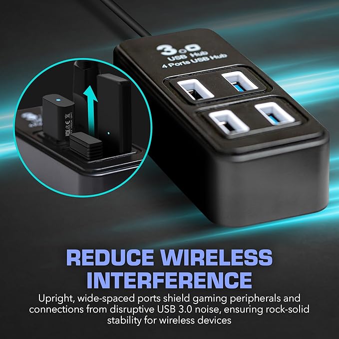 Rebuff Reality 4 Port USB Hub Dongle USB 3.0 Hub for Wireless Interference Reduction for Gaming Stable Connection &amp Lag-Free for Mouse Keyboard Headset Compatible with PC Mac Xbox PlayStat