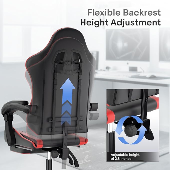 Athena Collection Ergonomic Gaming Chair with Footrest &amp Headrest Lumbar Support Height Adjustable Swivel Office Chair Reclining Game Chair Leather High Back Computer Chair for Adults Kids Red