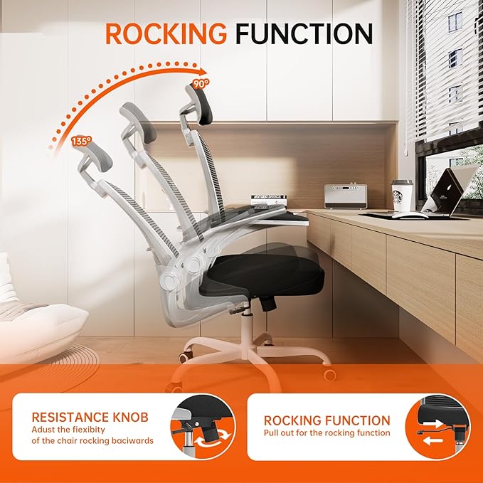 Synorla Office Chair Ergonomic Desk Chair 330LBS Capacity High Back Computer Design for Long Hours Comfort Rolling Swivel for Home Office Flip-up Armrests（Grey Black）