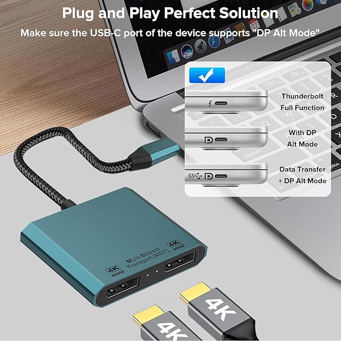 USB C to Dual DisplayPort Adapter Dual DP Splitter for Dual Monitors 4K 60Hz USB Type C Multi-Monitor MST Hub Compatible with MacBook Pro/Air Pad Surface Dell Galaxy Chromebook (2 in 1)
