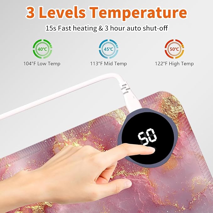 Heated Mouse PadWarm Desk Pad with 3 Levels Heating &amp 3 Hours Auto Shut-Off PU Leather Heated Desk Pad Warmer Pad for Home Office - 23.6 x 14.2 inchPink Gold Marble