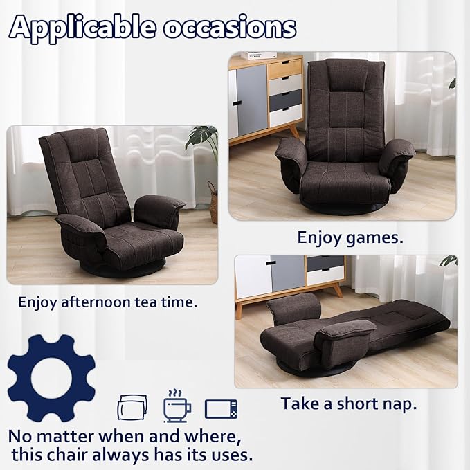 360 Degree Swivel Floor Chairs for Adults Gaming Floor Chair with Back Support 14 Angles Adjustable Comfortable Floor Lounge Chair Folding Video Game Chairs Office Bedroom 201 (Brown)