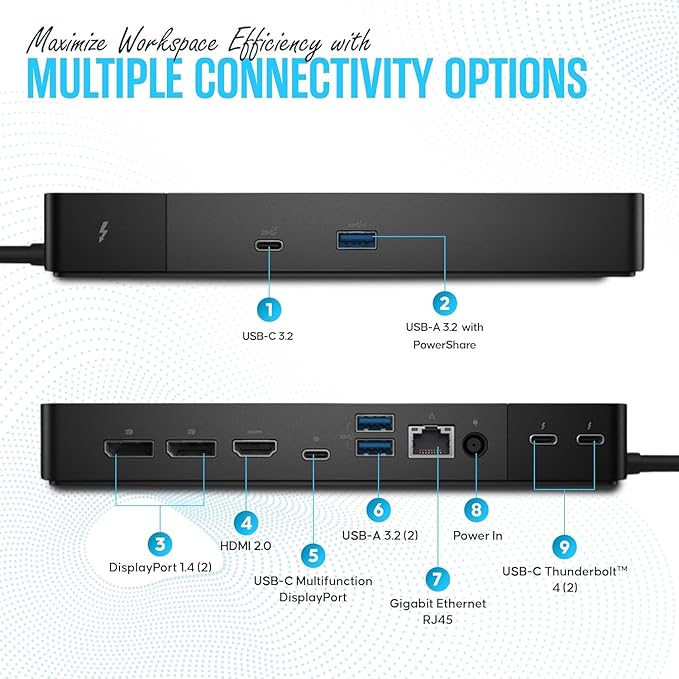 WD22TB4 Dell Thunderbolt 4 Dock 40Gbps USB-C/USB A - Dell Docking Station Dual Monitor with 180W HDMI &amp DisplayPort Cable - Supports 4K Displays &amp Upto 3 Monitors (Renewed)