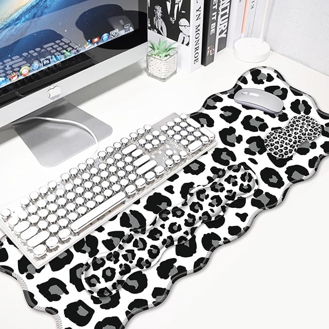4 in 1 Desk Mat SetMouse Pad with Keyboard Wrist RestWave-Shaped DesignNon-Slip Rubber BaseWaterprooffor HomeOfficeGamingBlack and White Leopard Print