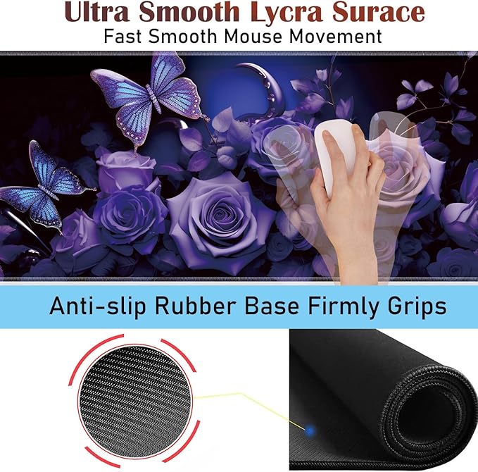 Large Gaming Table Pad 31.5 x 11.8 + Keyboard Wrist Pad + Mouse Wrist Pad + Coaster Non-Slip Base 4-in-1 Set Ergonomic Memory Foam Easy Typing Pain Relief Purple Roses and Butterflies