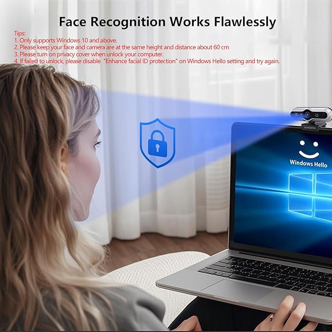 2K HD Webcam with Infrared Windows Hello Facial Recognition Computer Camera Privacy Cover Noise Canceling Microphones Laptop Webcam For Video Conferencing Live Streaming Online Learning