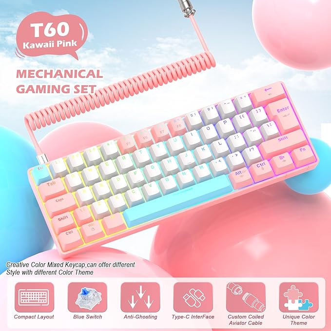 ZIYOU LANG RK-T60 Wired Mechanical Gaming Keyboard Mini Portable with Rainbow Backlit 62Key ABS Keycaps Full Anti-Ghosting Ergonomic Design Coiled Aviator Cable for PS4/PC/WIN Gamer(Pink/Blue Switch)