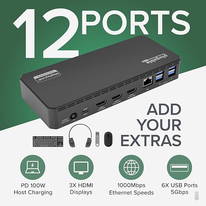 Plugable USB C Triple Display Docking Station | 100W PD 3x HDMI (1x 4K 30Hz 2x 1080p 60Hz) 6x USB 5Gbps Ports | Windows macOS ChromeOS Compatible - Enhance Productivity with Multi-Monitor Support