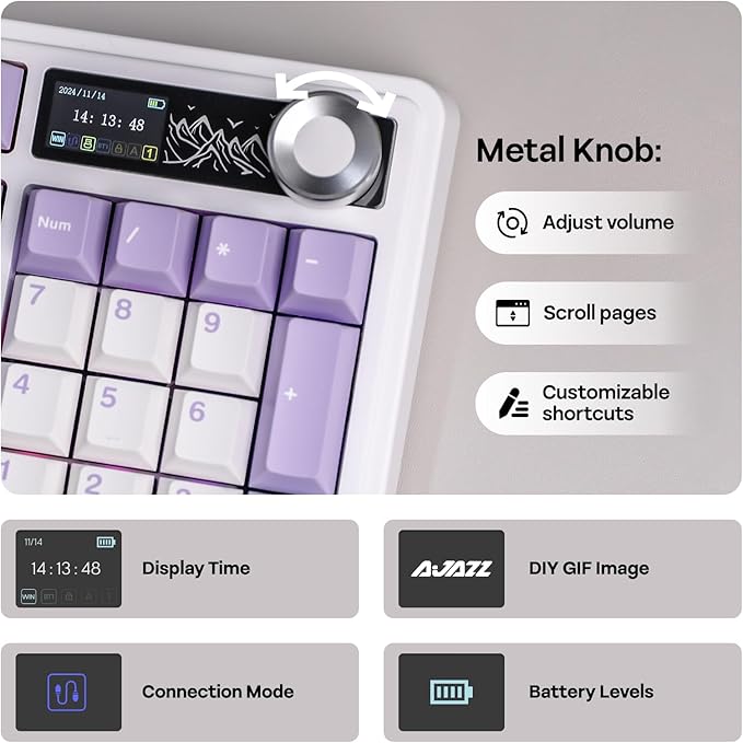 MechLands AJAZZ AK980 V2 Mechanical Gaming Keyboard with Display Screen 10000mAh Battery 98% Wireless Keyboard with BT/USB-C/2.4GHz Hot Swappable Knob RGB for Win/Mac (White Gift V2 Switch)