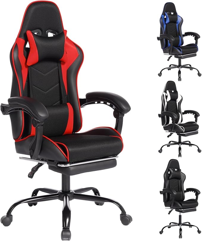 Ultimate Immersive Gaming Chair with Massage Racing Style PU Leather Seat with Molded Foam Support During Long Sessions (Black+Red)