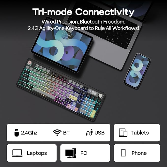 EPOMAKER TH99 PRO 96% Mechanical Keyboard with Screen &amp Knob 10000mAh 2.4Ghz/BT Hot Swap Custom Driver RGB Backlight PBT Keycap Wireless Gaming Keyboard for PC/Mac (Black Sea Salt Silent)