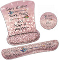 Ergonomic Mouse Pad Wrist Support Gel and Keyboard Wrist Rest Set Stay Positive Work Hard and Make It Happen Pink Glitter Design for Laptop Gaming and OfficeComfortable and Pain Relief + Coaster