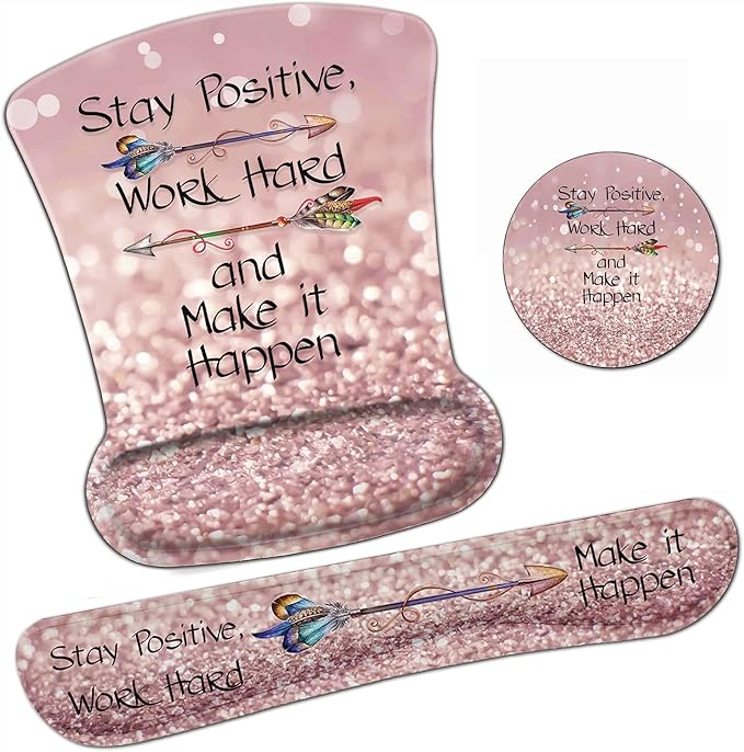 Ergonomic Mouse Pad Wrist Support Gel and Keyboard Wrist Rest Set Stay Positive Work Hard and Make It Happen Pink Glitter Design for Laptop Gaming and OfficeComfortable and Pain Relief + Coaster