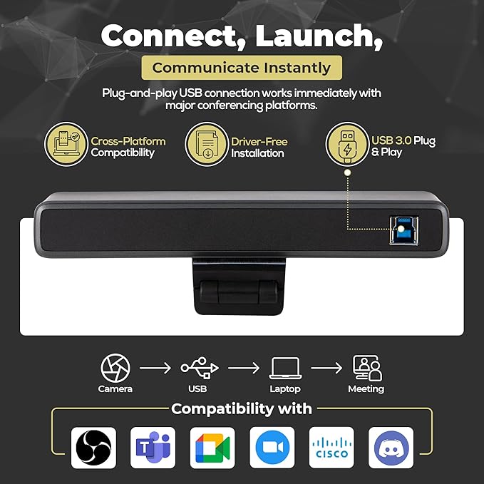 Compact Smart 4K Conference Camera Ultra HD 120° Wide Lens Auto-Framing Noise-Cancellation Mics 20ft Pickup Easy USB Connectivity Video Conference Camera for Zoom Teams Google Meet