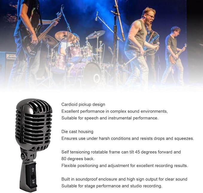 EBTOOLS Dynamic Microphone Professional Cardioid Pickup Vintage Retro Mic with Shock Mount for Stage Performance Studio Recording (Gunmetal Grey)