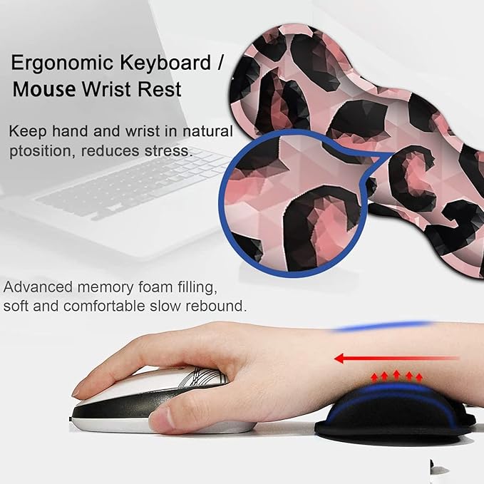Extended Gaming Mouse Pad 31.5x11.8 Big Desk Mat Ergonomic Memory Foam Keyboard Wrist Rest Support for Home Laptop Office Desk Pad with Non-Slip BaseAbstract Pink Leopard Print Large Mouse Pad