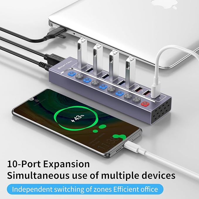 Powered USB 3.0 Hub 10-Port USB Hub Splitter with Individual Switches and Indicators 7 USB 3.0 Data Transfer Ports 3 2.4A Smart Charging Ports + 12V3A UL Listed Power Adapter