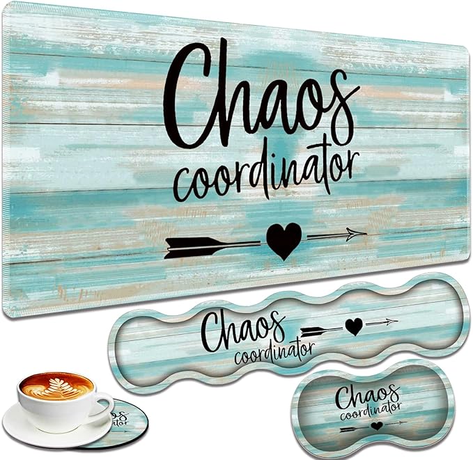 Large Gaming Mouse Pad + Keyboard Wrist Rest + Wrist Support + Coaster Set Memory Foam Ergonomic for Easy Typing XXL Extended Gaming Mouse Pad Table Pad - Chaos Coordinator