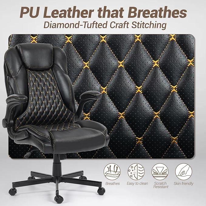 Big and Tall Heavy Duty Office Chair with Flip Up Arms – 450LBS Ergonomic Executive Home Desk Chair w/Wide Seat High Back PU Leather Adjustable Height &amp Rocking Function Black